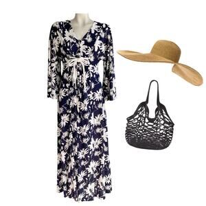 SANDCASTLE SWIMWEAR VINTAGE NAVY WHITE FLORAL COVERUP DRESS SZ S